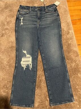 Good American Dark Blue Distressed Straight-Leg Jeans